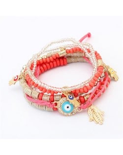 Palm and Eye Ball Pendants Multi-layer High Fashion Bracelet - Red