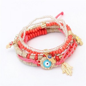 Palm and Eye Ball Pendants Multi-layer High Fashion Bracelet - Red