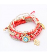 Palm and Eye Ball Pendants Multi-layer High Fashion Bracelet - Red