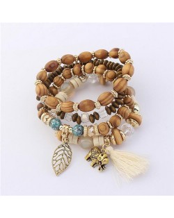 Hollow Leaf Elephant and Tassel Pendants Multi-layer Wooden Beads Fashion Bracelet - White