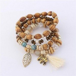 Hollow Leaf Elephant and Tassel Pendants Multi-layer Wooden Beads Fashion Bracelet - White