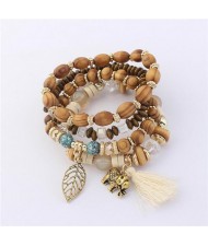 Hollow Leaf Elephant and Tassel Pendants Multi-layer Wooden Beads Fashion Bracelet - White