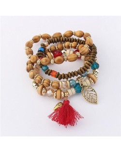 Hollow Leaf Elephant and Tassel Pendants Multi-layer Wooden Beads Fashion Bracelet - Red