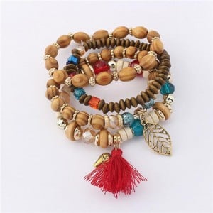 Hollow Leaf Elephant and Tassel Pendants Multi-layer Wooden Beads Fashion Bracelet - Red
