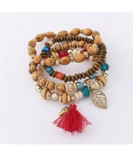 Hollow Leaf Elephant and Tassel Pendants Multi-layer Wooden Beads Fashion Bracelet - Red