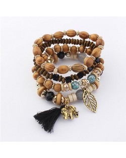 Hollow Leaf Elephant and Tassel Pendants Multi-layer Wooden Beads Fashion Bracelet - Black