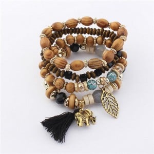 Hollow Leaf Elephant and Tassel Pendants Multi-layer Wooden Beads Fashion Bracelet - Black