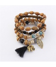 Hollow Leaf Elephant and Tassel Pendants Multi-layer Wooden Beads Fashion Bracelet - Black