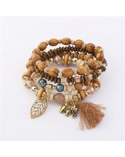 Hollow Leaf Elephant and Tassel Pendants Multi-layer Wooden Beads Fashion Bracelet - Brown
