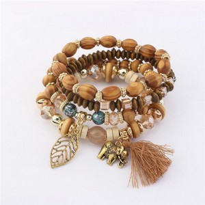 Hollow Leaf Elephant and Tassel Pendants Multi-layer Wooden Beads Fashion Bracelet - Brown