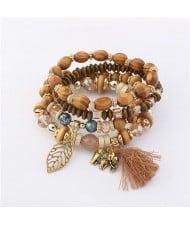 Hollow Leaf Elephant and Tassel Pendants Multi-layer Wooden Beads Fashion Bracelet - Brown