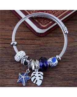 Leaf and Starfish Pendants Multiple Elements Beads Fashion Bangle - Blue