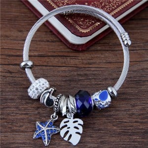 Leaf and Starfish Pendants Multiple Elements Beads Fashion Bangle - Blue