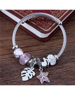 Leaf and Starfish Pendants Multiple Elements Beads Fashion Bangle - Pink