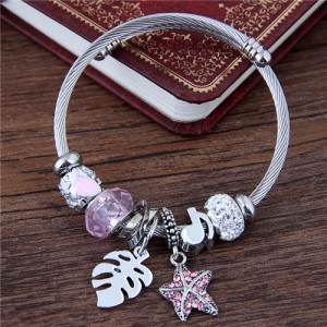 Leaf and Starfish Pendants Multiple Elements Beads Fashion Bangle - Pink