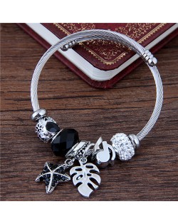 Leaf and Starfish Pendants Multiple Elements Beads Fashion Bangle - Black