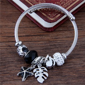 Leaf and Starfish Pendants Multiple Elements Beads Fashion Bangle - Black
