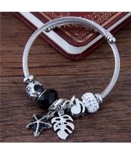 Leaf and Starfish Pendants Multiple Elements Beads Fashion Bangle - Black