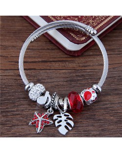 Leaf and Starfish Pendants Multiple Elements Beads Fashion Bangle - Red