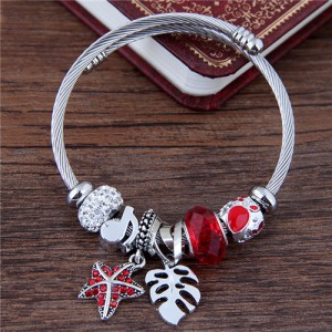 Leaf and Starfish Pendants Multiple Elements Beads Fashion Bangle - Red