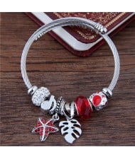 Leaf and Starfish Pendants Multiple Elements Beads Fashion Bangle - Red