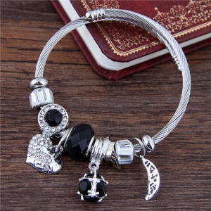 Heart and Moon Pendants High Fashion Beads Bangle - Black