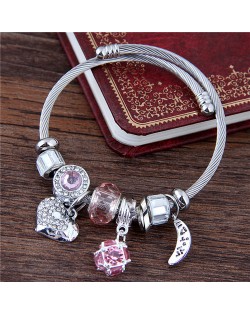 Heart and Moon Pendants High Fashion Beads Bangle - Pink