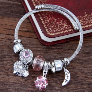 Heart and Moon Pendants High Fashion Beads Bangle - Pink