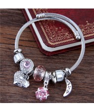 Heart and Moon Pendants High Fashion Beads Bangle - Pink