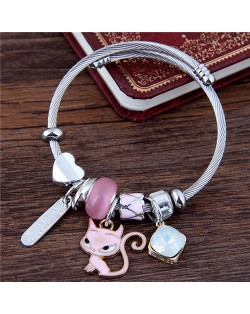 Cartoon Cat and Inscription Stick Pendants Beads High Fashion Bangle - Pink