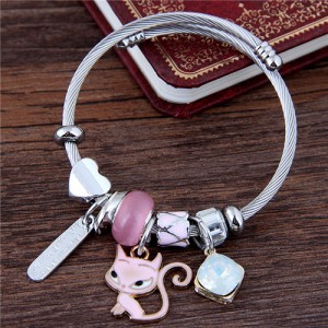 Cartoon Cat and Inscription Stick Pendants Beads High Fashion Bangle - Pink