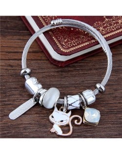 Cartoon Cat and Inscription Stick Pendants Beads High Fashion Bangle - White