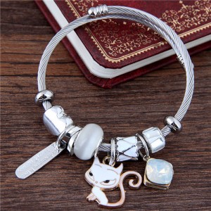 Cartoon Cat and Inscription Stick Pendants Beads High Fashion Bangle - White