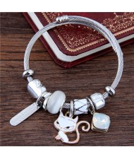 Cartoon Cat and Inscription Stick Pendants Beads High Fashion Bangle - White