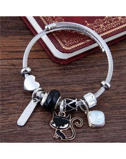 Cartoon Cat and Inscription Stick Pendants Beads High Fashion Bangle - Black