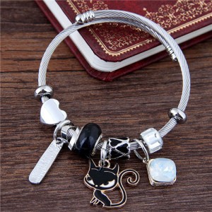 Cartoon Cat and Inscription Stick Pendants Beads High Fashion Bangle - Black