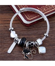 Cartoon Cat and Inscription Stick Pendants Beads High Fashion Bangle - Black