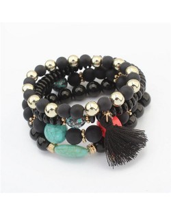 Cotton Tassel Decorated Acrylic Beads High Fashion Bracelet - Black