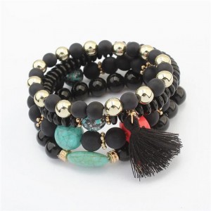 Cotton Tassel Decorated Acrylic Beads High Fashion Bracelet - Black