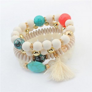 Cotton Tassel Decorated Acrylic Beads High Fashion Bracelet - White