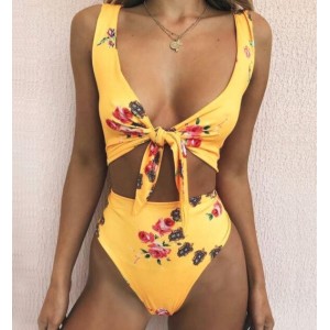 Floral Prints Bandage Fashion Split Bikini Swimwear - Yellow