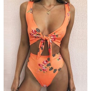 Floral Prints Bandage Fashion Split Bikini Swimwear - Orange