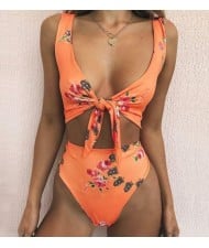 Floral Prints Bandage Fashion Split Bikini Swimwear - Orange