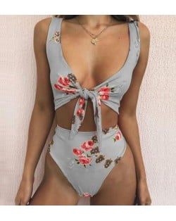 Floral Prints Bandage Fashion Split Bikini Swimwear - Gray