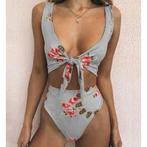 Floral Prints Bandage Fashion Split Bikini Swimwear - Gray