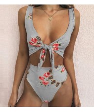 Floral Prints Bandage Fashion Split Bikini Swimwear - Gray