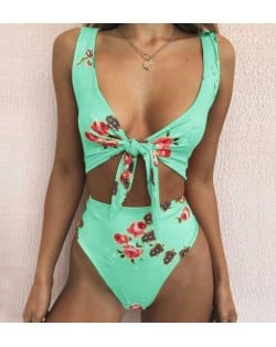Floral Prints Bandage Fashion Split Bikini Swimwear - Green