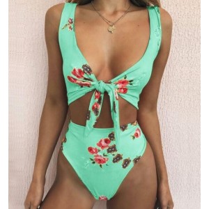 Floral Prints Bandage Fashion Split Bikini Swimwear - Green