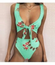 Floral Prints Bandage Fashion Split Bikini Swimwear - Green