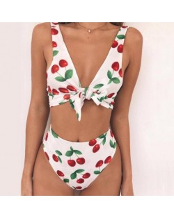 Cherry Prints Bandage Fashion Split Bikini Swimwear